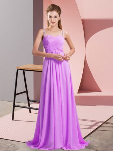Lilac Empire Spaghetti Straps Sleeveless Chiffon Sweep Train Backless Ruching Prom Gown