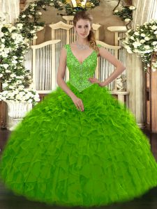 Elegant Green Zipper V-neck Beading and Ruffles Sweet 16 Dress Organza Sleeveless