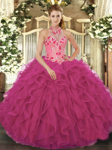 Low Price Hot Pink Sleeveless Organza Lace Up Ball Gown Prom Dress for Military Ball and Sweet 16 and Quinceanera