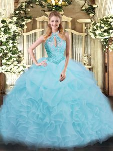 Great Aqua Blue Ball Gowns Beading and Ruffles Sweet 16 Dress Lace Up Organza Sleeveless Floor Length
