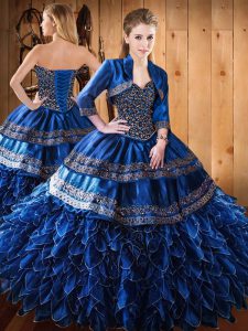Glittering Royal Blue Sleeveless Floor Length Beading and Embroidery and Ruffles Lace Up Quinceanera Gown