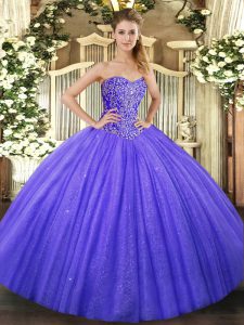 Comfortable Sleeveless Tulle Floor Length Lace Up Sweet 16 Dress in Blue with Beading