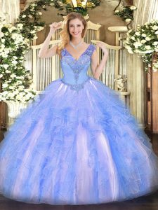 Adorable Light Blue Ball Gowns Beading and Ruffles Vestidos de Quinceanera Lace Up Organza Sleeveless Floor Length