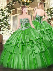 High End Green Strapless Lace Up Beading and Ruffled Layers Quinceanera Gown Sleeveless