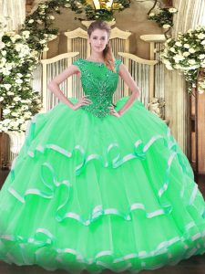 Spectacular Scoop Sleeveless Quinceanera Dress Floor Length Beading and Ruffled Layers Apple Green Organza