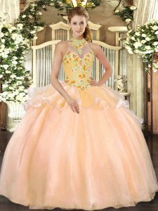 Fine Floor Length Peach Sweet 16 Dress Halter Top Sleeveless Lace Up