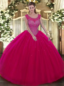 Floor Length Backless Quinceanera Gown Hot Pink for Military Ball and Sweet 16 and Quinceanera with Beading