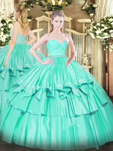 Floor Length Turquoise Quinceanera Dresses Organza Sleeveless Beading and Lace and Ruffled Layers