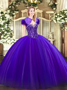 Glorious Purple Ball Gowns Tulle Sweetheart Sleeveless Beading Floor Length Lace Up Quinceanera Dress