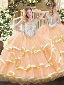 Peach Quinceanera Gowns Military Ball and Sweet 16 and Quinceanera with Beading and Ruffled Layers Scoop Sleeveless Zipp