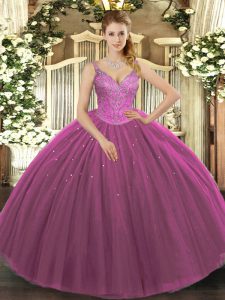 Great V-neck Sleeveless Tulle Quince Ball Gowns Beading Lace Up