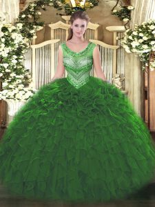 High End Green Organza Lace Up Scoop Sleeveless Floor Length Vestidos de Quinceanera Beading and Ruffles