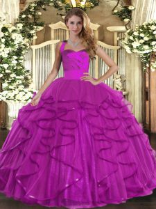 Sleeveless Tulle Floor Length Lace Up Quinceanera Gown in Fuchsia with Ruffles