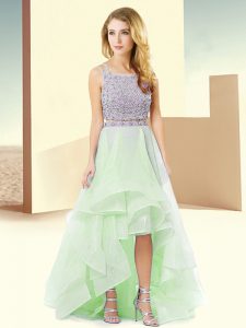 Dazzling High Low Lace Up Prom Dresses Apple Green for Prom and Party with Beading and Ruffles