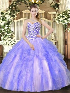 Custom Designed Sweetheart Sleeveless Tulle Ball Gown Prom Dress Beading and Ruffles Lace Up