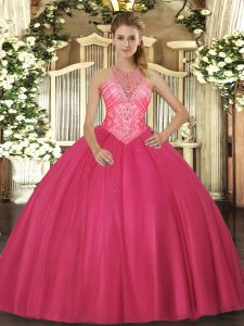 Edgy Hot Pink Lace Up High-neck Beading Quinceanera Dresses Tulle Sleeveless