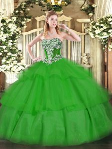 High End Green Ball Gowns Tulle Strapless Sleeveless Beading and Ruffled Layers Floor Length Lace Up Quinceanera Gown