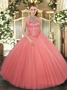 Smart Watermelon Red Sweet 16 Dress Military Ball and Sweet 16 and Quinceanera with Beading and Embroidery Halter Top Sl