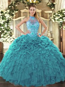 Perfect Floor Length Teal 15 Quinceanera Dress Halter Top Sleeveless Lace Up