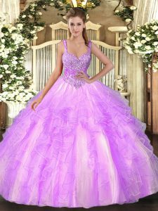 Flirting Straps Sleeveless Lace Up Quinceanera Gowns Lilac Tulle