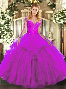 Beauteous Fuchsia Long Sleeves Tulle Lace Up Quinceanera Gown for Military Ball and Sweet 16 and Quinceanera