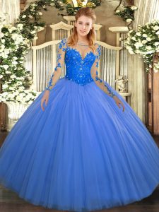 High Class Blue Lace Up Quinceanera Dresses Lace Long Sleeves Floor Length