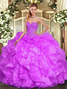 Pretty Floor Length Lace Up Quinceanera Dresses Lilac for Military Ball and Sweet 16 and Quinceanera with Beading and Ru
