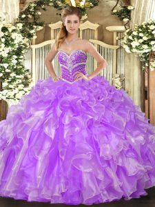 Sleeveless Floor Length Beading and Ruffles Lace Up Quince Ball Gowns with Lavender