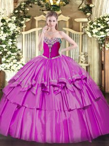 Lilac Ball Gowns Organza and Taffeta Sweetheart Sleeveless Beading and Ruffled Layers Floor Length Lace Up Quinceanera G