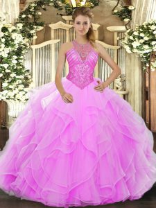 Comfortable Floor Length Rose Pink Sweet 16 Dress Organza Sleeveless Beading and Ruffles