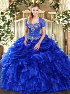Fitting Royal Blue Sweetheart Neckline Beading and Ruffles and Pick Ups Ball Gown Prom Dress Sleeveless Lace Up