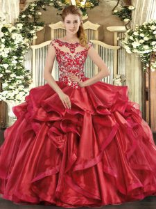 Floor Length Red Sweet 16 Dress Organza Cap Sleeves Appliques and Ruffles