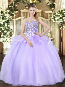 Graceful Lavender Sleeveless Organza Lace Up Quince Ball Gowns for Military Ball and Sweet 16 and Quinceanera