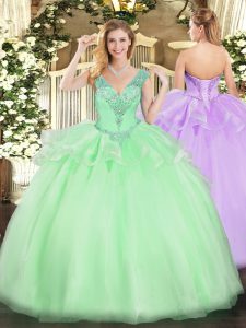 Best Tulle Sleeveless Floor Length Quince Ball Gowns and Beading