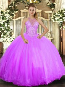 Hot Sale Lilac Lace Up Halter Top Beading Vestidos de Quinceanera Tulle Sleeveless