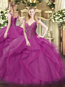 Floor Length Lilac 15th Birthday Dress V-neck Sleeveless Lace Up