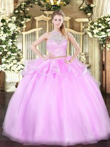 Excellent Floor Length Lace Up Quinceanera Dresses Lilac for Military Ball and Sweet 16 and Quinceanera with Lace