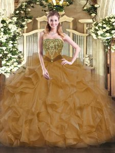 Traditional Strapless Sleeveless Organza Quinceanera Gown Beading and Ruffles Lace Up