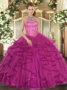 Cute Fuchsia Sleeveless Floor Length Beading and Ruffles Lace Up Sweet 16 Dresses