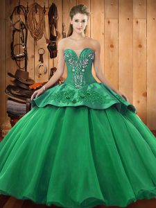 Exceptional Turquoise Satin and Organza Lace Up Sweetheart Sleeveless Floor Length Sweet 16 Dresses Beading and Embroide