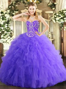Lavender Ball Gowns Tulle Sweetheart Sleeveless Beading and Ruffles Floor Length Lace Up Quinceanera Gown