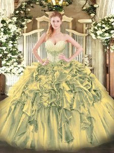 Lovely Olive Green Ball Gowns Organza Sweetheart Sleeveless Beading and Ruffles Floor Length Lace Up Quinceanera Gown