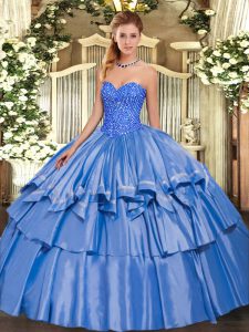 Blue Ball Gowns Beading and Ruffled Layers Quinceanera Gown Lace Up Organza and Taffeta Sleeveless Floor Length