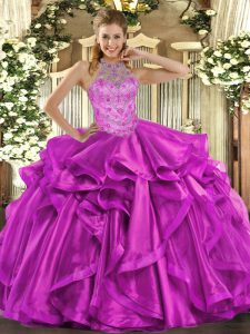 Unique Halter Top Sleeveless Organza Vestidos de Quinceanera Beading and Embroidery and Ruffles Lace Up