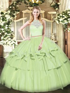 Olive Green Two Pieces Scoop Sleeveless Organza Floor Length Zipper Lace and Ruffled Layers Quinceanera Gowns