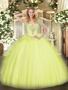 V-neck Sleeveless Lace Up 15th Birthday Dress Yellow Green Tulle