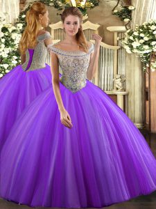 Amazing Lavender Ball Gowns Tulle Off The Shoulder Sleeveless Beading Floor Length Lace Up Sweet 16 Quinceanera Dress