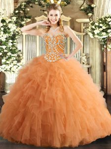 Sleeveless Tulle Floor Length Lace Up Sweet 16 Dresses in Orange with Beading and Ruffles