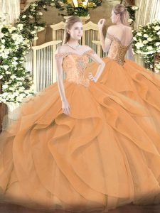Fantastic Orange Ball Gowns Off The Shoulder Sleeveless Tulle Floor Length Lace Up Beading and Ruffles Vestidos de Quinc