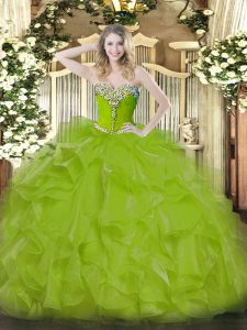Fancy Olive Green Lace Up Sweet 16 Dresses Beading and Ruffles Sleeveless Floor Length